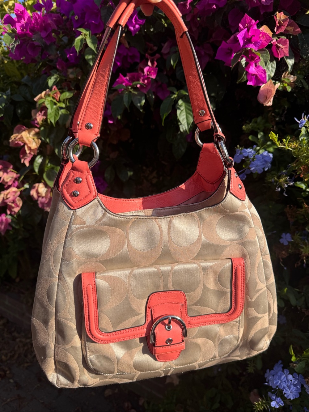 The Coach Campbell Signature C Khaki Coral Hobo Shoulder Bag